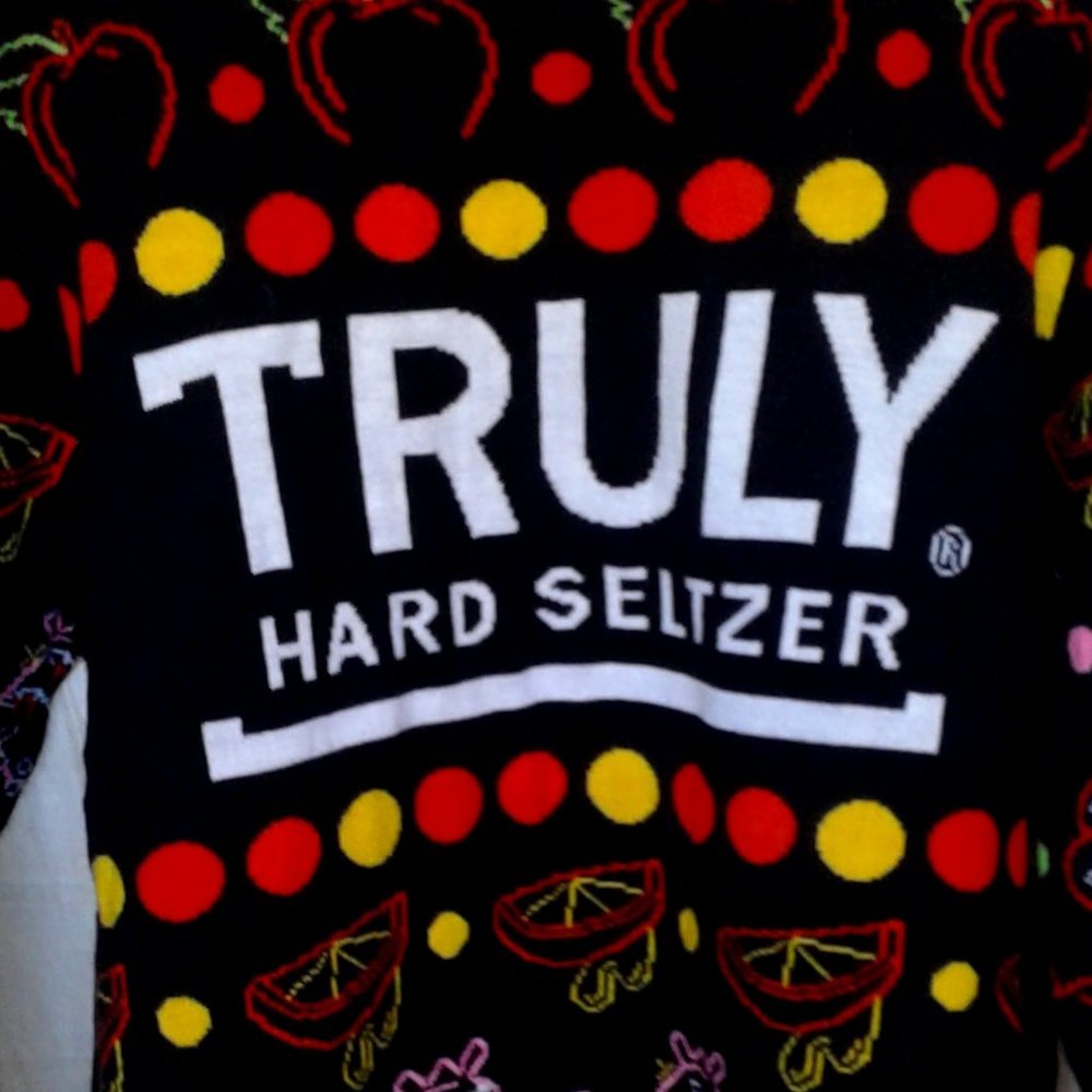 Mens large ugly sweater TRULY HARD SELTZER great for camping
